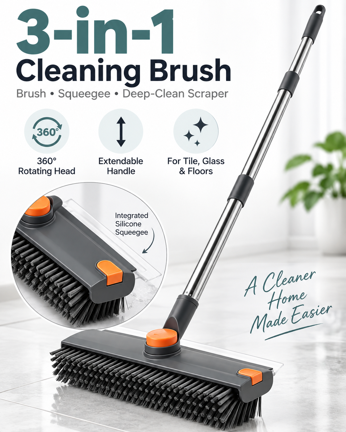 Mr. Clean 3-in-1 Cleaning Brush with rotating head and squeegee