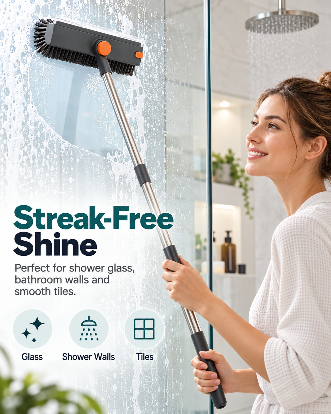Mr. Clean cleaning brush used on shower glass